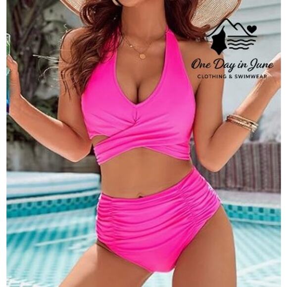 Blooming Jelly Halter Cross Front Wrap Ruched Bikini Swimsuit Size M - Picture 1 of 6